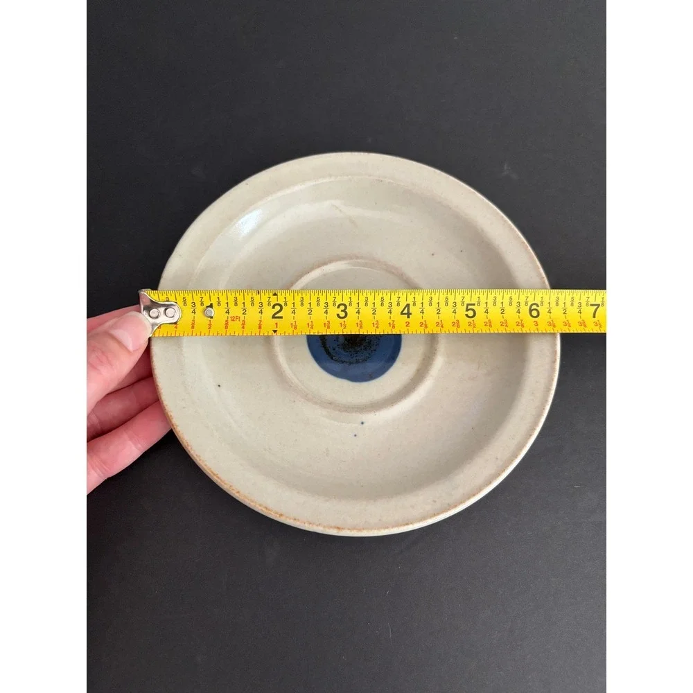 Vintage Iron Mountain Stoneware Saucer Cream Cobalt Blue Dot Minimalist 6.25
